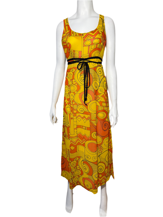 1970s orange and yellow maxi dress