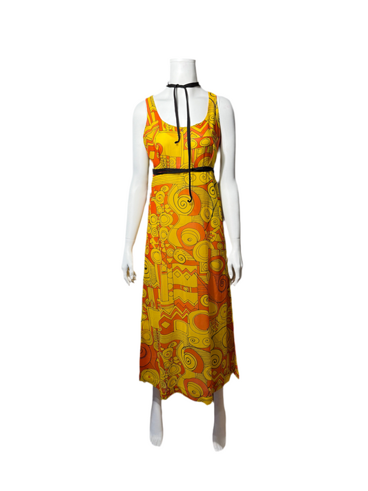 1970s orange and yellow maxi dress