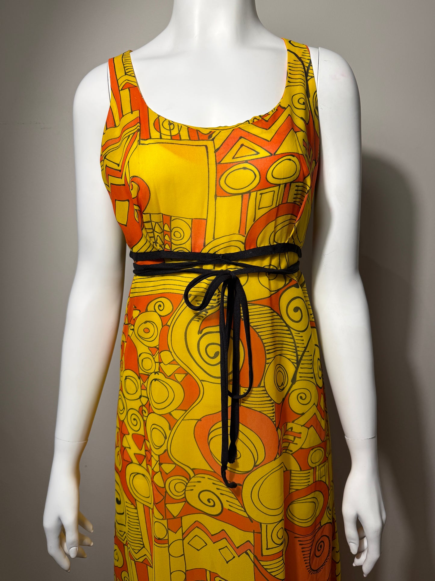 1970s orange and yellow maxi dress